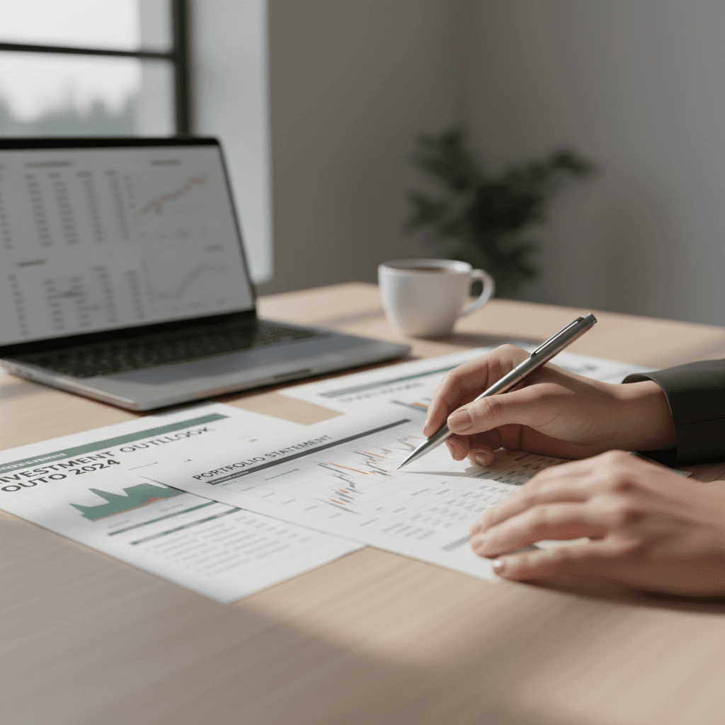 Professional hands analyzing investment charts and financial documents on wooden desk with natural light streaming across documents