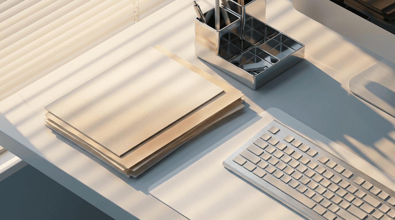 Organized workspace from above with geometric chrome organizer and documents bathed in golden-hour shadow patterns.