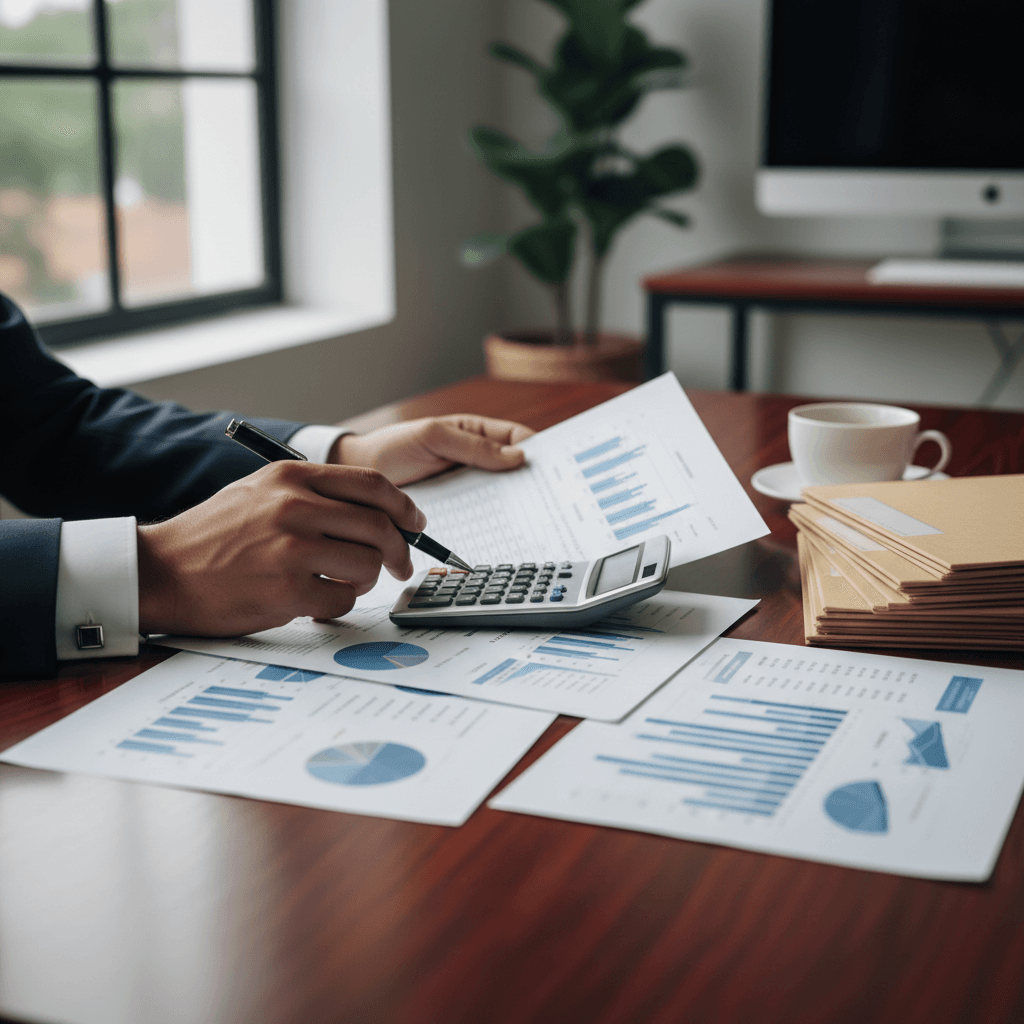 Service business owner reviewing financial documents at desk with natural lighting