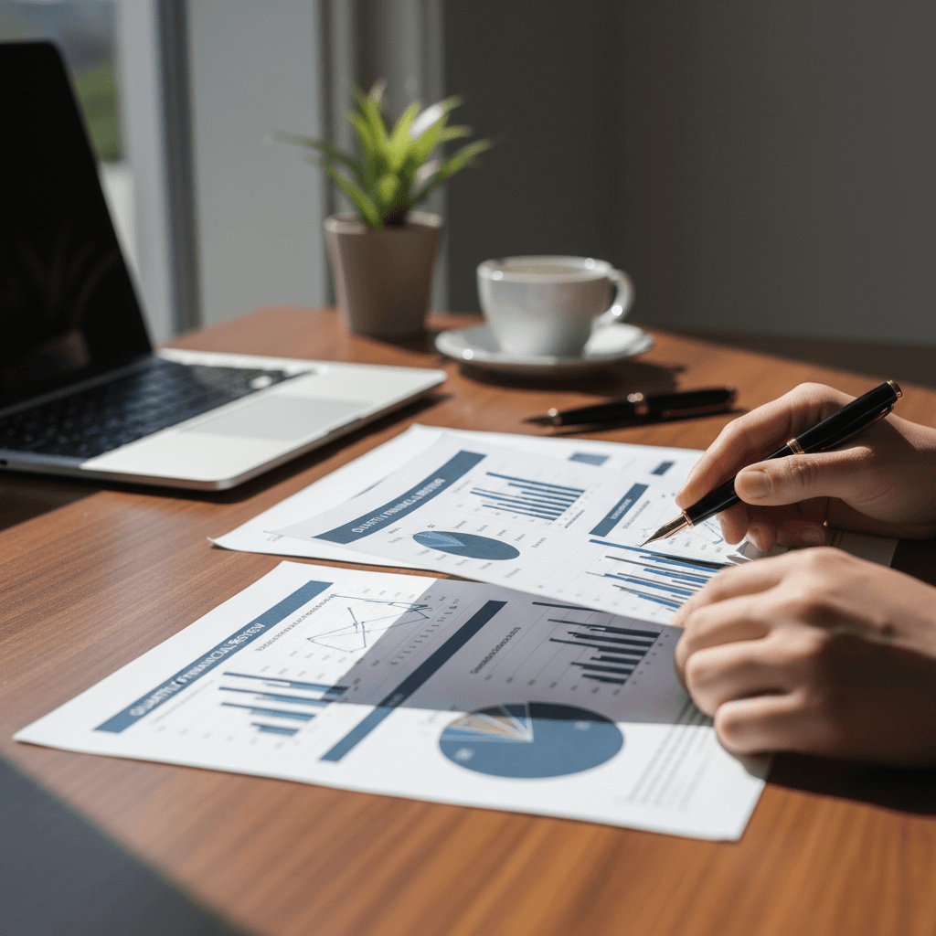 Consultant reviewing financial reports and growth strategies at desk